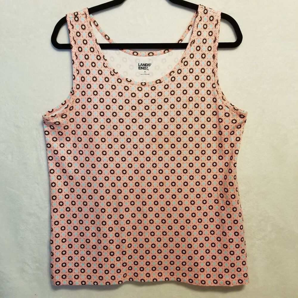 Lands End M Tank Top Pink Geometric Print 100% Cotton Layering Classic Summer
